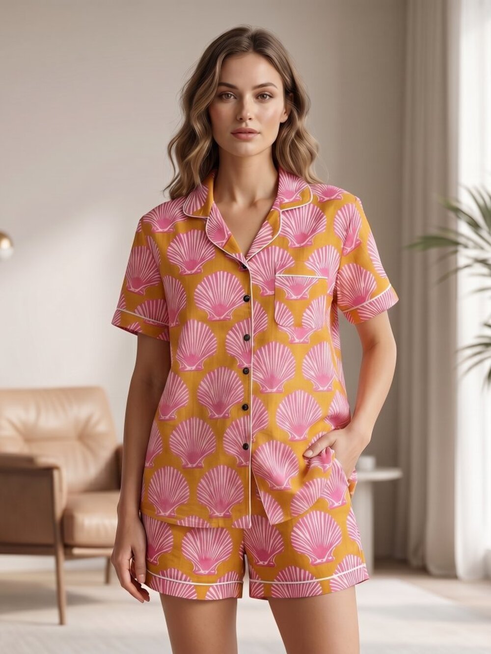 Mustard Shells Hand Block Print Cotton Shorts Set, Boho Summer Pajamas for Women